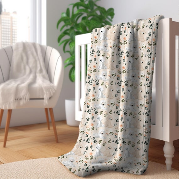 Poodle Botanical Blanket - Cozy Velveteen Plush Throw, Gift for Poodle Lovers, Cute Poodle Floral Pattern Blanket, White and Brown Poodles