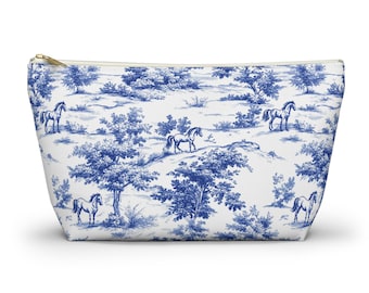 Horse Toile Cosmetics Bag, Blue French Toile Accessory Bag, Zippered Makeup Bag for Horse Lovers, Chinoiserie Horse Mom Travel Bag Gifts