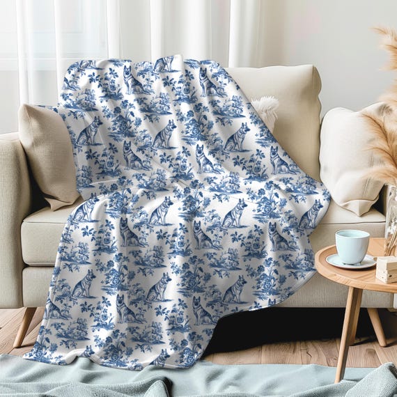 German Shepherd Blue French Toile Blanket, Blue Toile Throw Blanket for GSD Lovers Toile de Jouy Gift Shepherd Dog Toile Cozy Plush Blanket