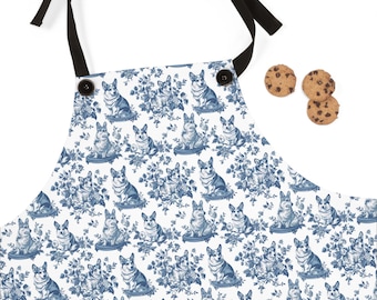 Cute Corgi Apron, Blue Toile Apron for Corgi Mom, Kitchen Cooking Gifts, Baker Gift for Her French Country Corgi Lover Chef Adjustable Apron