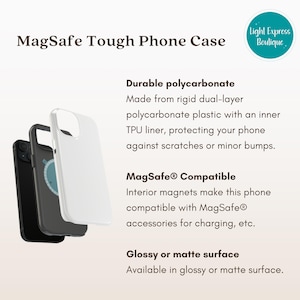 May include: Three MagSafe Tough Phone Cases in black, gray, and white. The cases are made of durable polycarbonate with an inner TPU liner. The cases are MagSafe compatible and available in glossy or matte finishes. The text on the image says "MagSafe Tough Phone Case".