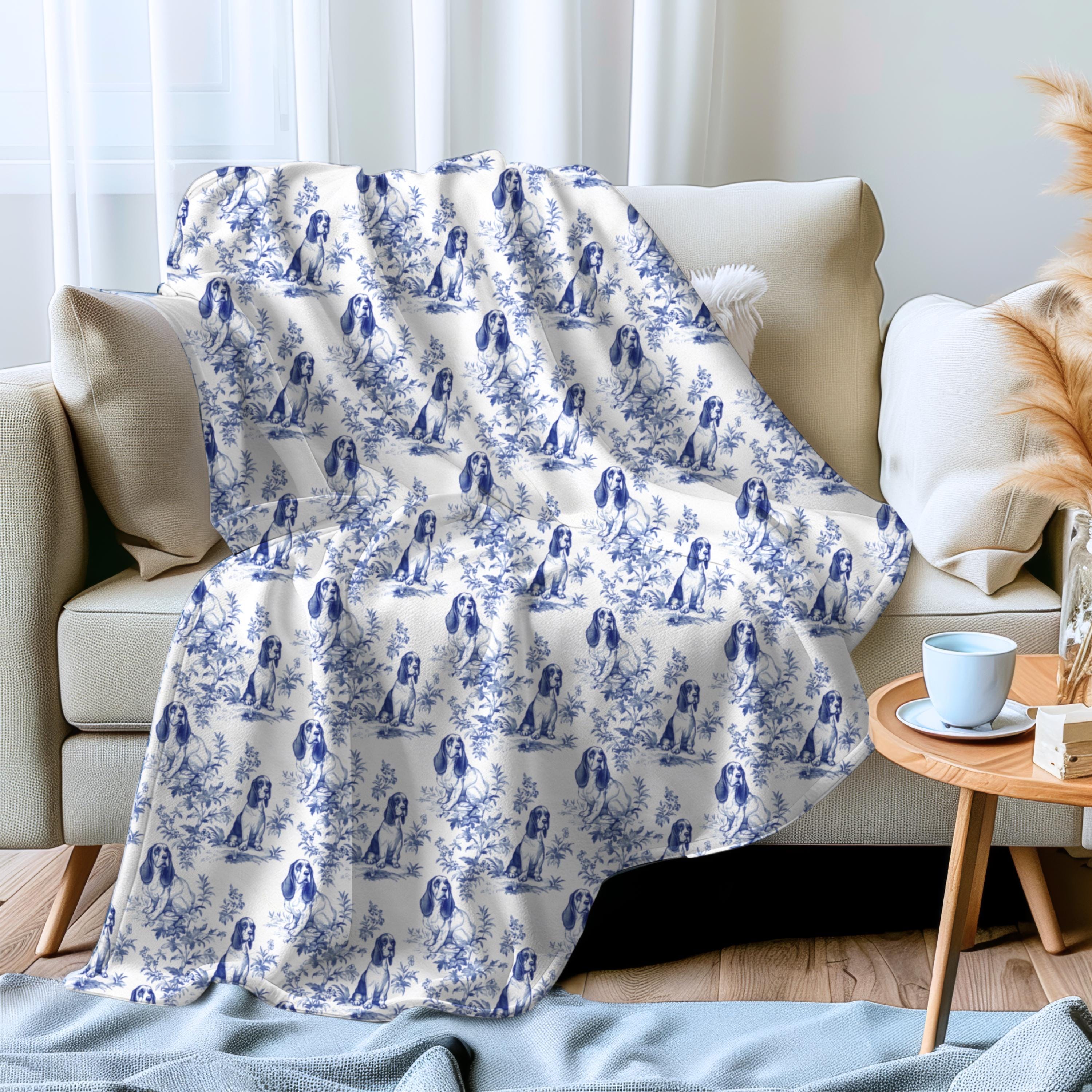 Basset Hound French Toile Blanket - Velveteen Toile de Jouy Cozy Throw for Basset Hound Mom, French Country Blanket Gift for Dog Lover
