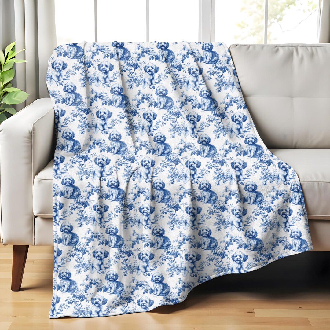 Cavapoo Blue French Toile Blanket, Blue Toile Throw Blanket for Cavapoo ...