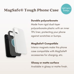 May include: A white phone case with a clear back and a black bumper. The case is compatible with MagSafe accessories. The text "MagSafe&reg; Tough Phone Case" is at the top of the image. The text "Light Express Boutique" is in a circle at the top right of the image.