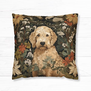 Funda de almohada Goldendoodle, funda de almohada botánica Goldendoodle inspirada en William Morris, linda funda de cojín para perro, regalos para amantes de los perros (solo funda)