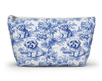Shih Tzu Blue Toile Cosmetics Bag, Shih Tzu Gifts French Toile de Jouy Accessory Pouch, Zippered Makeup Travel Bag for Dog Mom