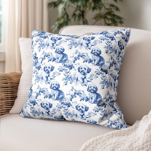 Cavapoo French Toile Pillow Cover, Elegant Toile de Jouy Cushion Cover Gift for Cavapoo Mom Dog Lover Chinoiserie Pillowcase Farmhouse Decor