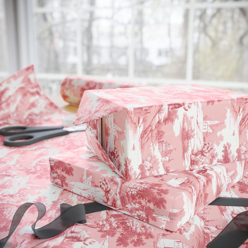 Westie roze toile inpakpapier - Toile de Jouy West Highland Terrier cadeauverpakking voor verjaardagen en feestdagen, hond moeder aanwezig - glanzend of mat afbeelding 5