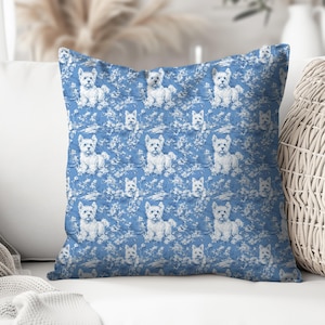 Westie French Toile de Jouy Pillow, Blue Toile Dog Pillow Cushion, INCLUDES INSERT, Farmhouse Dog Decor, West Highland Terrier Mom Gifts