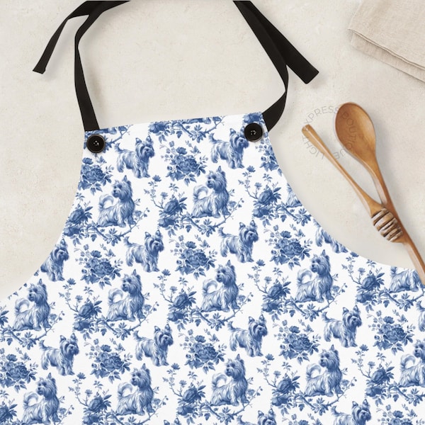 Yorkie Blue French Toile Apron, Toile de Jouy Apron for Yorkshire Terrier Mom, Kitchen Cooking Gift for Dog Lovers, Chef Adjustable Apron