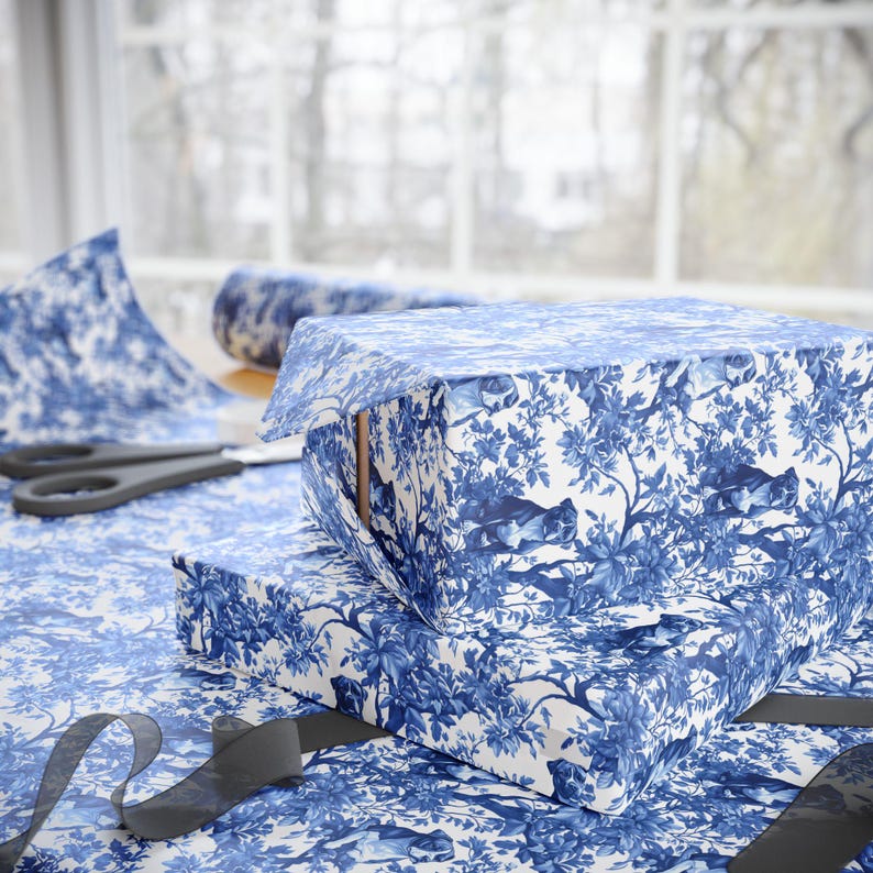 Pitbull French Toile de Jouy Wrapping Paper - Birthday Dog Mom Blue Toile Gift Wrap for Pittie Lovers, Holiday Present Wrap Glossy/Matte image 5