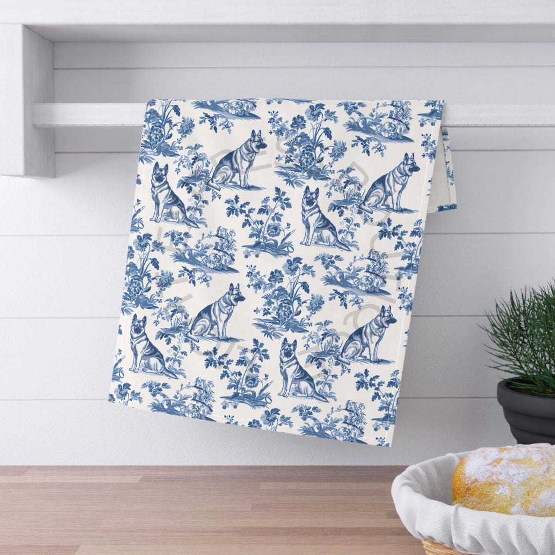 German Kitchen Rag German Shepherd French Toile Tea Towel, Dog Blue Toile De Jouy Kitchen ...