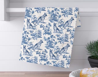 Deutscher Schäferhund Französisch Toile Geschirrtuch, Hund Blau Toile de Jouy Küchentuch Geschenk für GSD Liebhaber, Schäferhund Mutter Französische Landküche