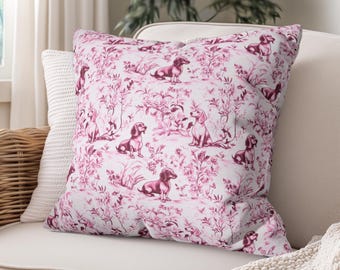 Pink Dachshund French Toile Pillow Cover, Pink & Burgundy Toile de Jouy Pillowcase for Doxie Lovers, Dog French Country Cushion Cover Gifts