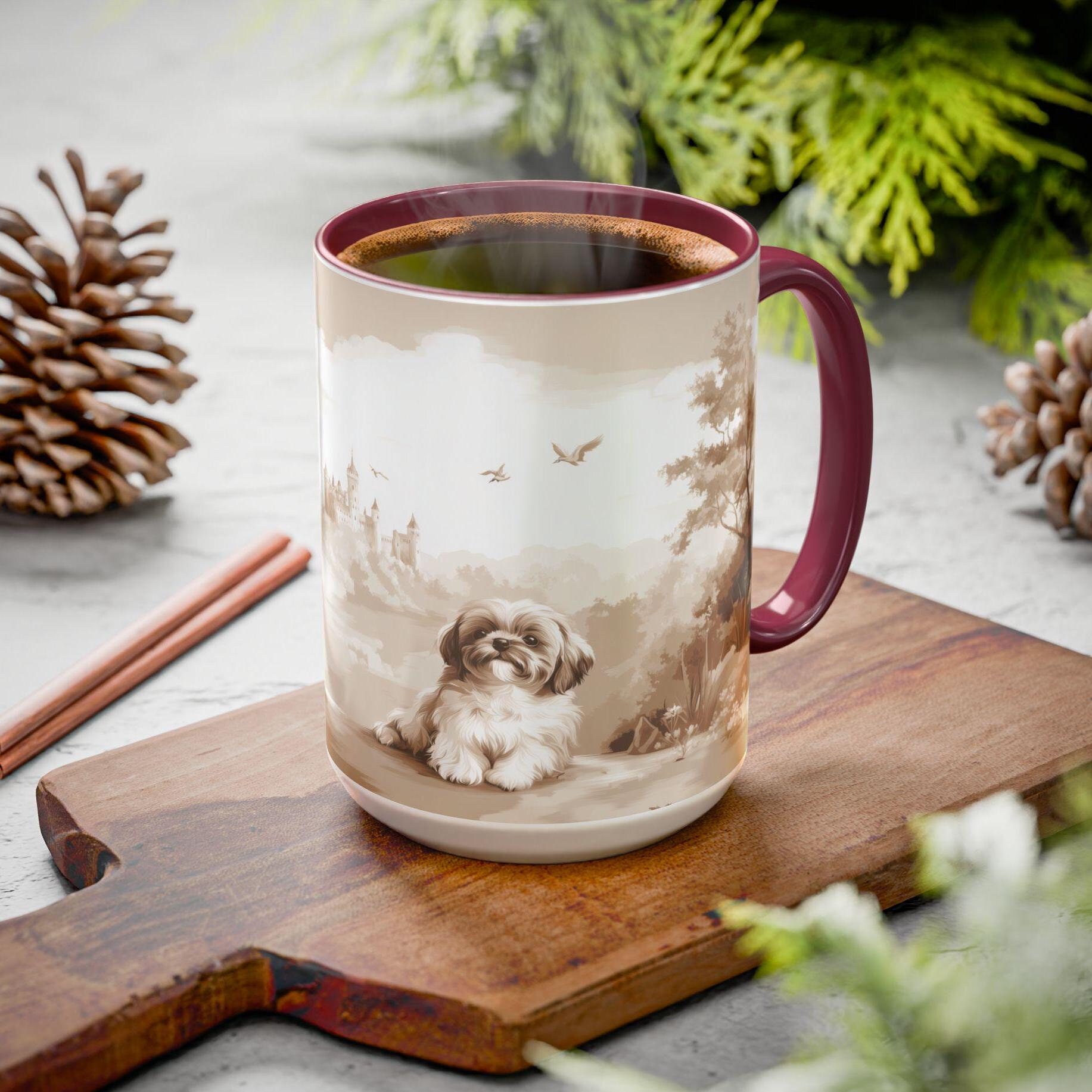 Shih Tzus Toile Scene Mug - Vintage Sepia Style Coffee Cup for Shih Tzu Lovers, Neutrals Castle Tea Cup Gift for Dog Lover, Maroon Trim Mug