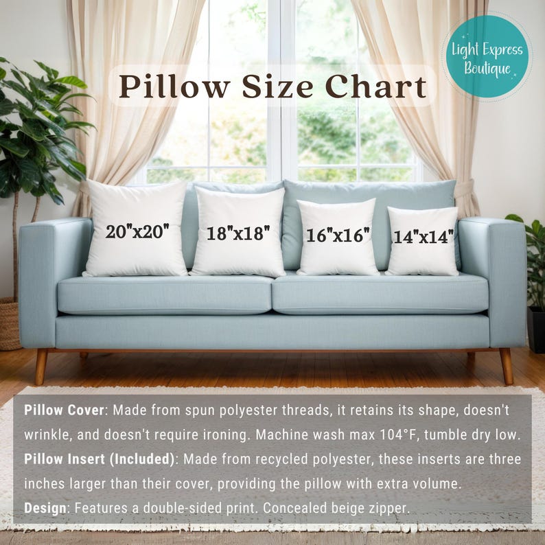Puede incluir: Un gr&aacute;fico que muestra los diferentes tama&ntilde;os de fundas de almohada disponibles. El gr&aacute;fico muestra cuatro almohadas, cada una con un tama&ntilde;o diferente: 20"x20", 18"x18", 16"x16", y 14"x14". Las almohadas est&aacute;n dispuestas en un sof&aacute; azul claro. El texto debajo del gr&aacute;fico describe la funda de almohada y el relleno.