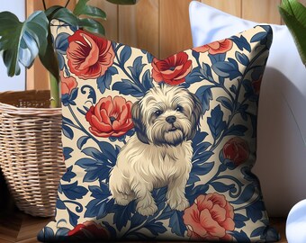 Shih Tzu Dog Pillow Throw Cushion, Insert Included, William Morris Inspired Mother's Day Gift Textile Home Decor Floral Vintage Shih Tzu