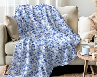 Shih Tzu Blue French Toile Blanket, Blue Toile Throw Blanket for Shih Tzu Lovers, Dog Toile de Jouy Gift, French Country Toile Cozy Blanket