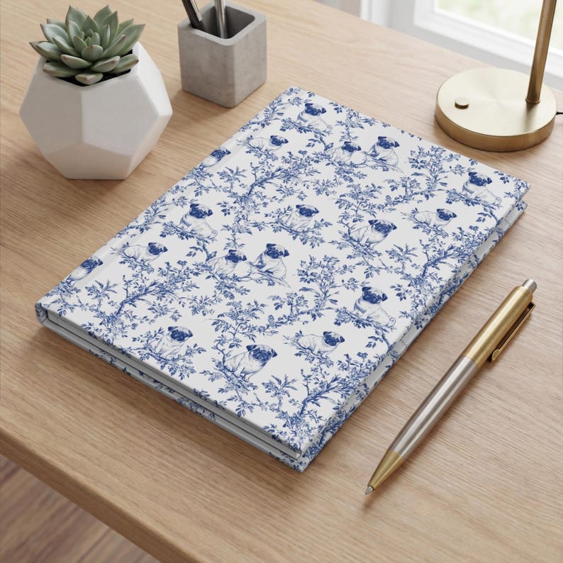 Pug Toile Hardcover Journal - Blue French Toile de Jouy Notebook for Pug Lover, Blue Toile Diary Gift, Dog Lover Stationary, 150 Lined Pages