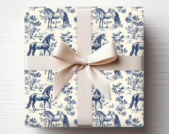 Vintage Horse Blue French Toile Wrapping Paper - Antique Style Gift Wrap Paper for Horse Lovers, Equestrian Wrapping Paper for Horse Mom