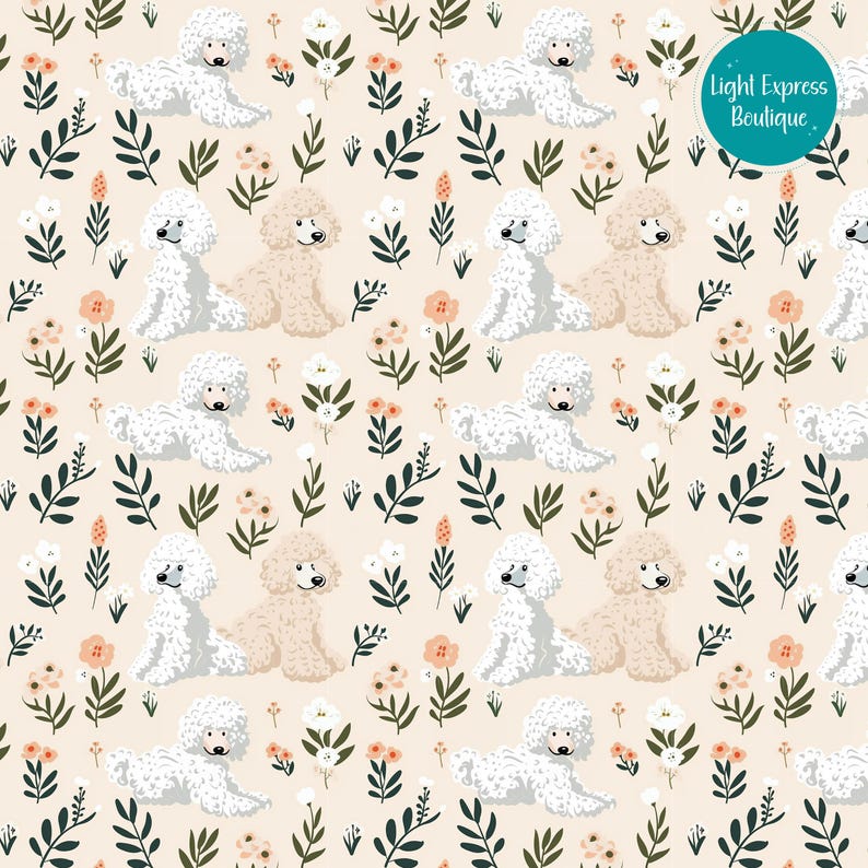 Pode incluir: Um padr&atilde;o sem costura que apresenta poodles brancos e creme com detalhes florais sobre um fundo bege claro. O padr&atilde;o inclui flores brancas e rosas, folhas verdes e pequenas raminhas. O texto "Light Express Boutique" aparece em um c&iacute;rculo turquesa no canto superior direito.