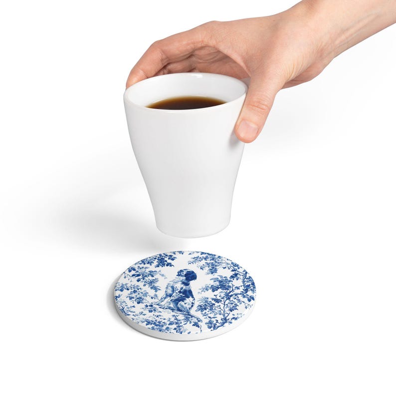 Dessous de verre en céramique toile bleu Français épagneul breton, sous-verre en liège toile de Jouy épagneul pour amoureux des chiens épagneuls, cadeau porte-gobelet image 9