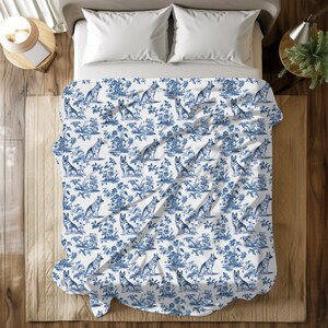 German Shepherd Blue French Toile Blanket, Blue Toile Throw Blanket for GSD Lovers Toile de Jouy Gift Shepherd Dog Toile Cozy Plush Blanket