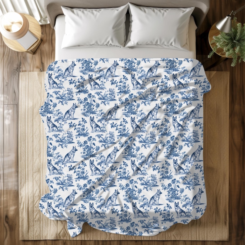 German Shepherd Blue French Toile Blanket, Blue Toile Throw Blanket for GSD Lovers Toile de Jouy Gift Shepherd Dog Toile Cozy Plush Blanket