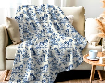 Cavalier King Charles Spaniel French Toile Blanket, Velveteen Blue Toile de Jouy Cozy Throw for Cavalier Lovers, Blanket Gift for Dog Lovers