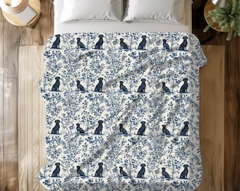 Couverture en toile française bleu labrador noir, jeté en toile bleue pour les amateurs de chiens de laboratoire noirs, cadeau toile de Jouy en peluche confortable en toile pour chien