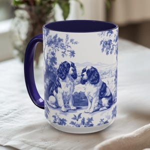 Cavalier King Charles Spaniel Toile Mug, Blue French Toile De Jouy Coffee Cup for Cavalier Lovers Dog Chinoiserie Drinkware Toile Tea Cup