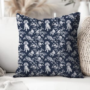 Cavalier King Charles Spaniel Dark Blue Toile Pillow, Midnight Blue Toile Dog Pillow Throw Cushion, Includes Insert, Vintage Farmhouse Decor, Gift for Cavalier King Charles Mom toile de jouy