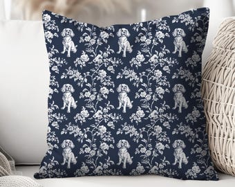 Almohada de toile francesa Cavalier King Charles Spaniel, incluye inserto, diseño de toile azul, para perro, estilo granja, regalo para mamá.