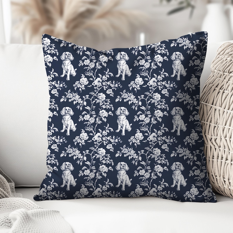 Cavalier King Charles Spaniel Dark Blue Toile Pillow, Midnight Blue Toile Dog Pillow Throw Cushion, Includes Insert, Vintage Farmhouse Decor, Gift for Cavalier King Charles Mom toile de jouy