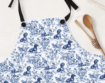 Dachshund Apron, Blue Toile Apron for Doxie Mom, Kitchen Cooking Gift, Gift for Her, Dog Chef Apron, Cute Sausage Dog Lover Adjustable Apron
