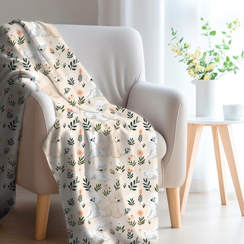 Poodle Botanicals Blanket - Cozy Velveteen Plush Throw, Gift for Poodle Lovers, Cute Poodle Floral Pattern Blanket, White and Brown Poodles