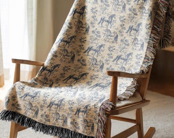 Horse Toile Woven Blanket, Vintage Style Horse Lover Equestrian Gift Blue French Toile Horse Tapestry Throw Blanket, French Country Throw