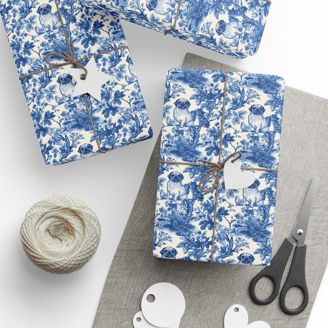 Pug Chinoiserie Wrapping Paper - Pug Blue Toile De Jouy Gift Wrap for ...