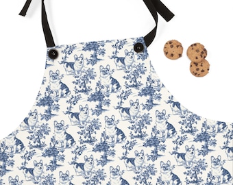 Corgi Apron, Blue Toile Apron for Corgi Mom, Kitchen Cooking Gifts, Baker Gift for Her, Pembroke Welsh Corgi Lover Chef Adjustable Apron
