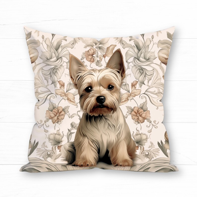 Yorkshire Terrier Floral Pillow - William Morris Inspired Neutral Colors, Cushion Includes Insert, Yorkie Lover Gift, Floral Farmhouse Decor