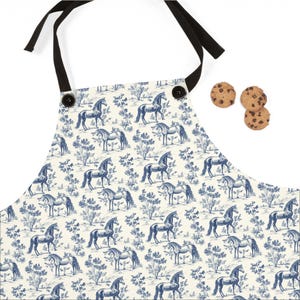 Horse French Toile Apron Blue & Cream - Antique Toile de Jouy Apron Kitchen Cooking Gift for Equestrian Horse Mom Home Chef Adjustable Apron