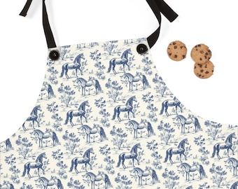 Horse French Toile Apron Blue & Cream - Antique Toile de Jouy Apron Kitchen Cooking Gift for Equestrian Horse Mom Home Chef Adjustable Apron