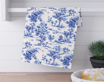Pferd Blau Französisch Toile Geschirrtuch, Toile de Jouy Küchentuch Geschenke für Pferdeliebhaber Pferdesport Pastoral Toile Französisch Land Küche Dekor