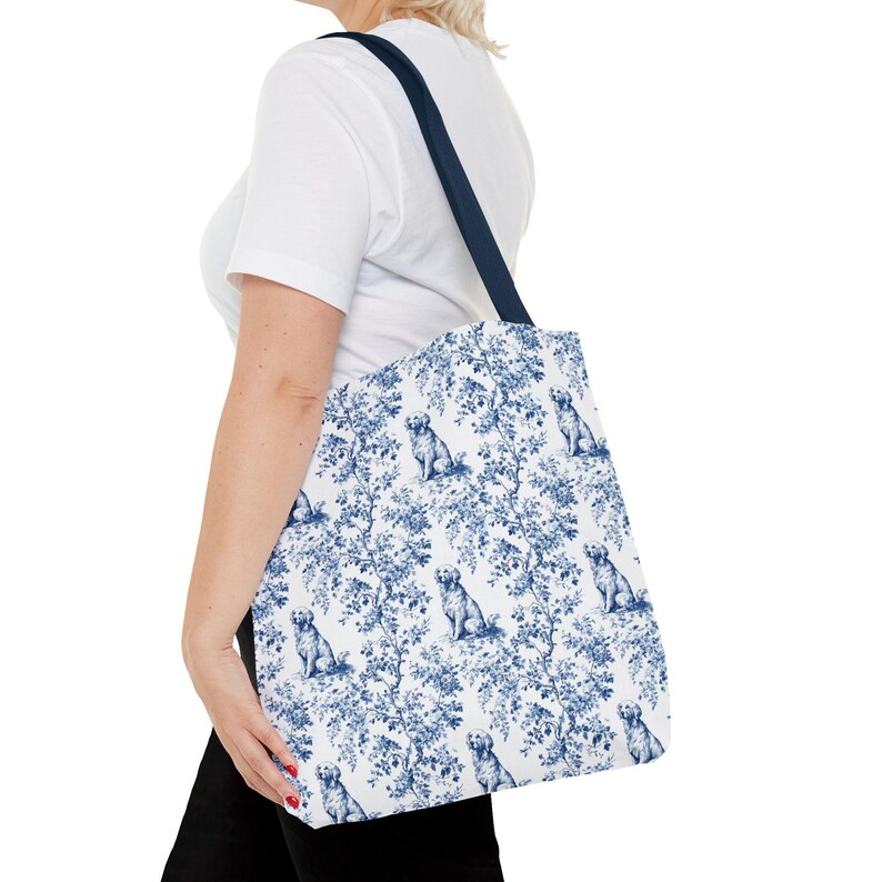 Golden Retriever Toile Tote Bag - Everyday Bag for Books & Shopping, Golden Retriever Dog Mom Gift, Elegant Blue Toile Reusable Tote Bag image 3
