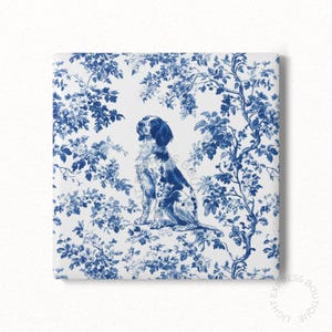 Brittany Spaniel French Blue Toile Ceramic Coaster, Spaniel Toile de Jouy Cork Back Coaster Gifts for Spaniel Dog Lover, Drink Holder Gift