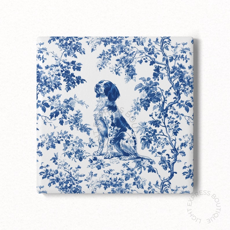 Brittany Spaniel French Blue Toile Ceramic Coaster, Spaniel Toile de Jouy Cork Back Coaster Gifts for Spaniel Dog Lover, Drink Holder Gift