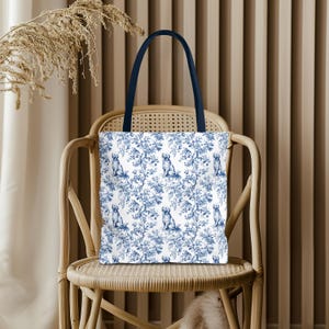Golden Retriever Toile Tote Bag - Everyday Bag for Books & Shopping, Golden Retriever Dog Mom Gift, Elegant Blue Toile Reusable Tote Bag