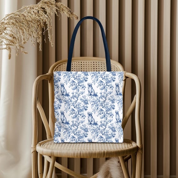 Golden Retriever Toile Tote Bag - Everyday Bag for Books & Shopping, Golden Retriever Dog Mom Gift, Elegant Blue Toile Reusable Tote Bag