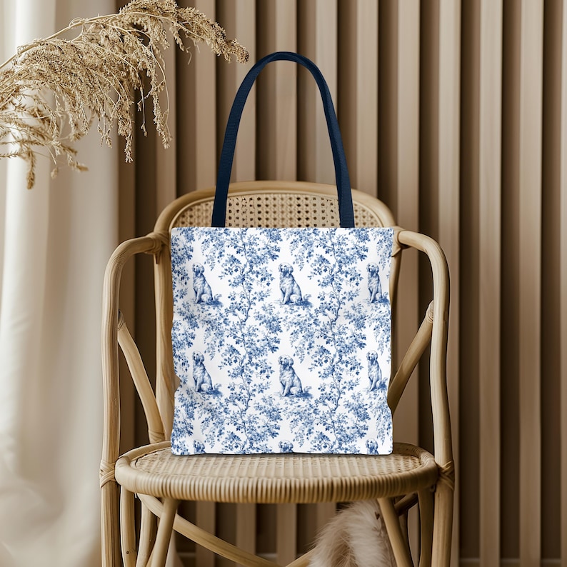 Golden Retriever Toile Tote Bag - Everyday Bag for Books & Shopping, Golden Retriever Dog Mom Gift, Elegant Blue Toile Reusable Tote Bag