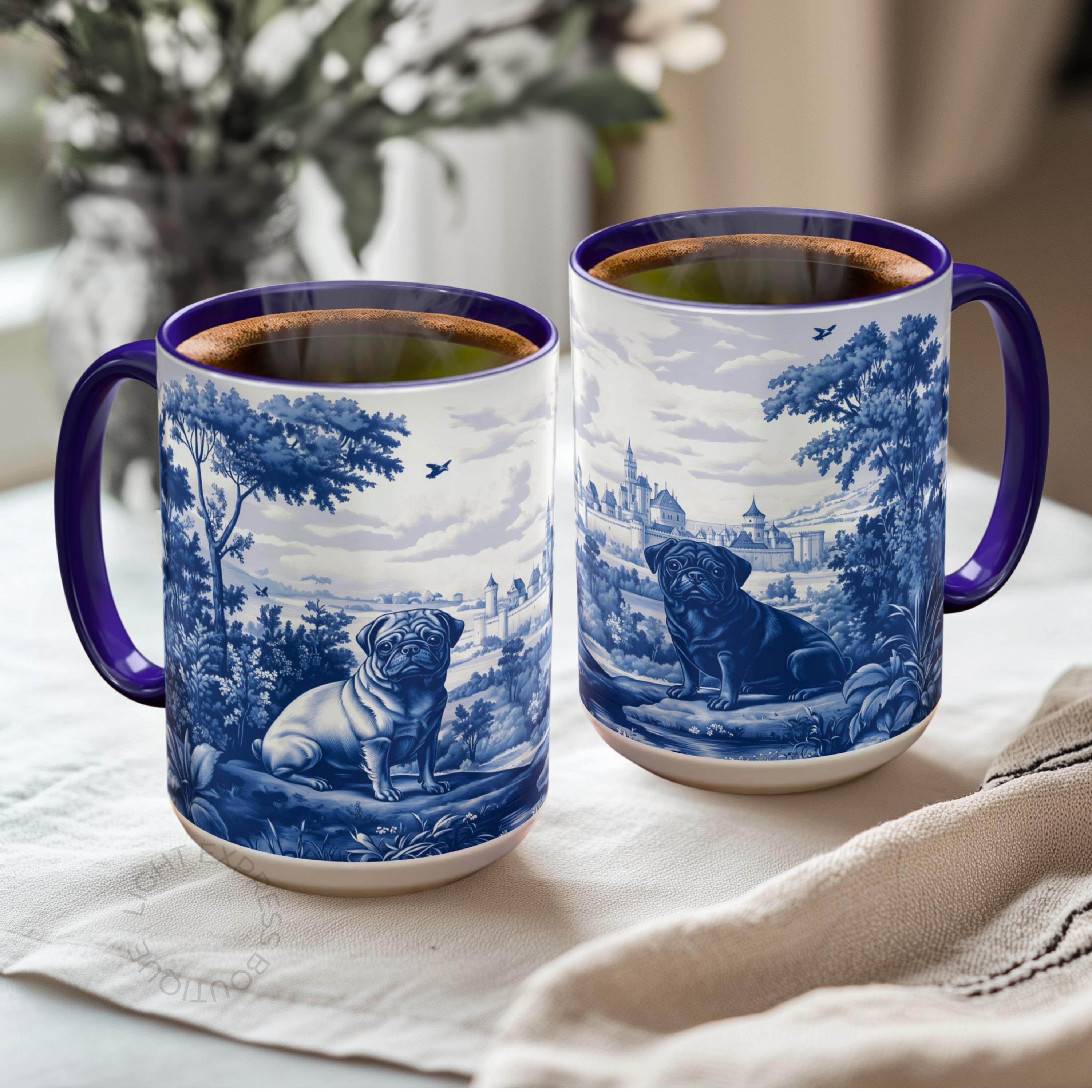 Pug Blue French Toile Mug - Two Pugs Vintage Style Coffee Cup Gift for Dog Lover, Black Pug Brindle Fawn Pug, Castle Toile de Jouy Tea Cup